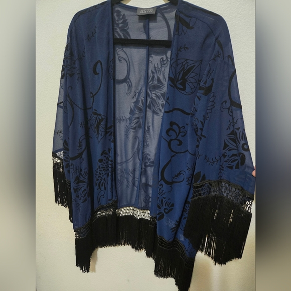 ASTR Sheer Blue Kimono with Black Velvet Pattern and Fringe Size M to L - Picture 4 of 9